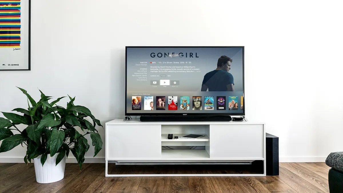 Fernbedienung vor einem TV-Bildschirm mit sortierten deutschen Senderkategorien